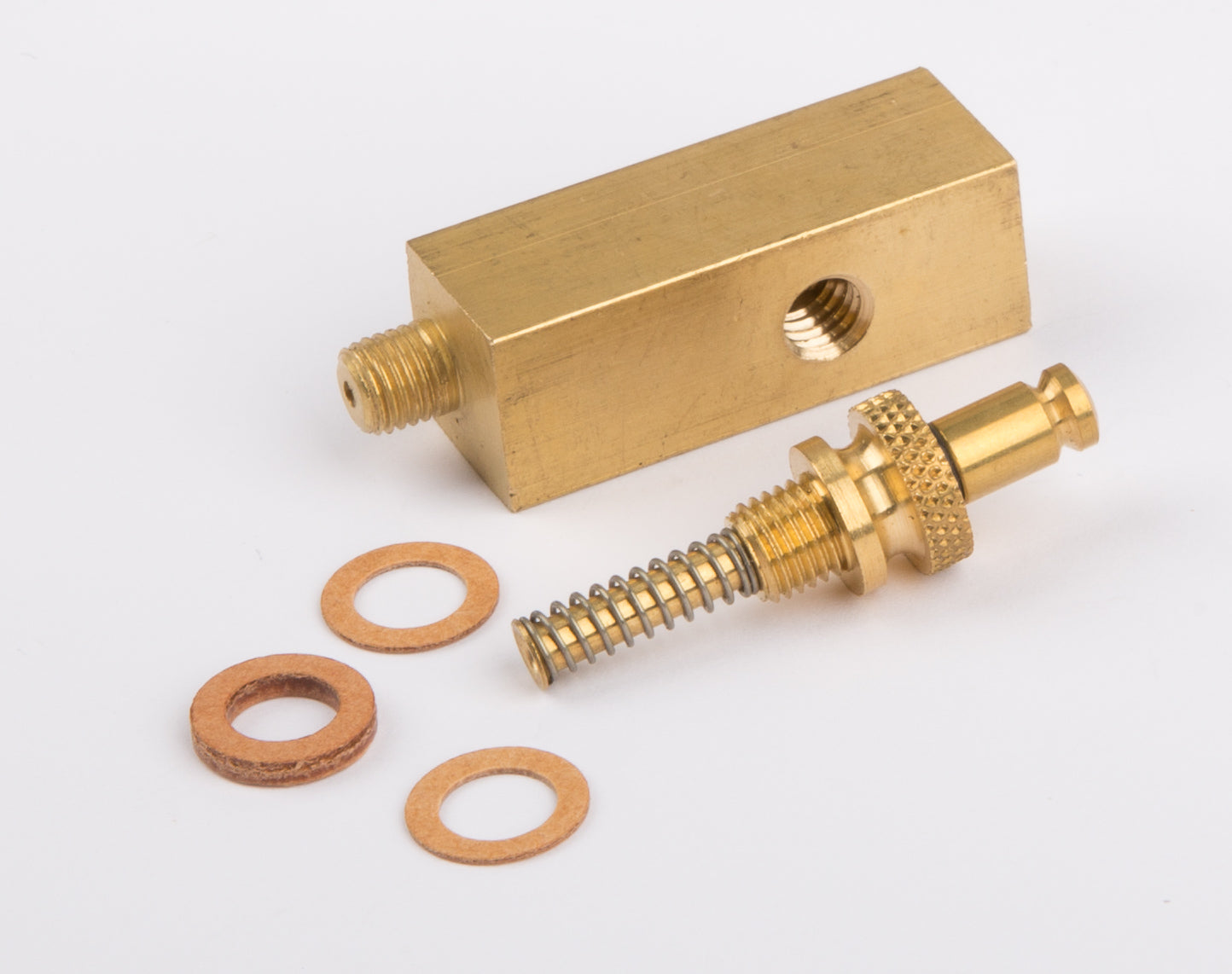 Base de manomètre MS, filetage intérieur 12x12 mm, partie supérieure M6 x 0,75, côté M6 avec soupape de sécurité à ressort et joints